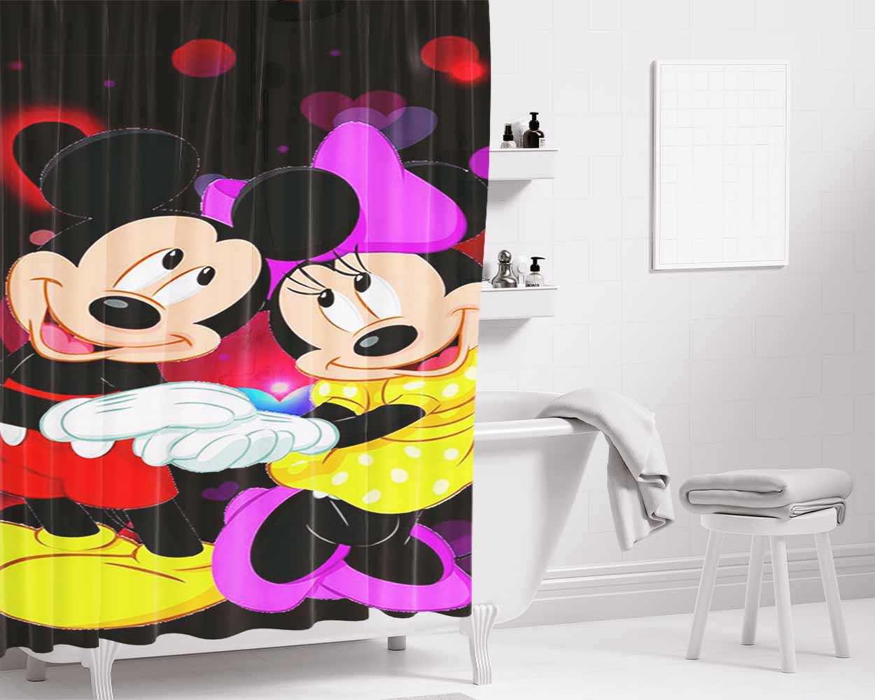 Mickey Minnie Mouse Disney Love Bathroom Shower Curtain Fabric Waterproof | 66 X 72 Inch