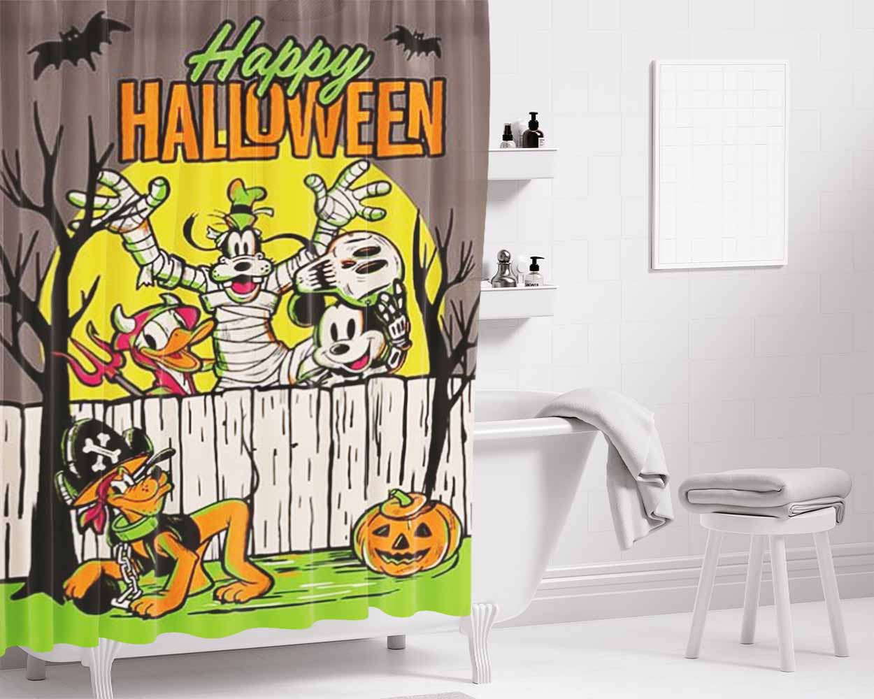 Mickey Mouse And Friends Happy Halloween Bathroom Shower Curtain Fabric Waterproof | 66 X 72 Inch
