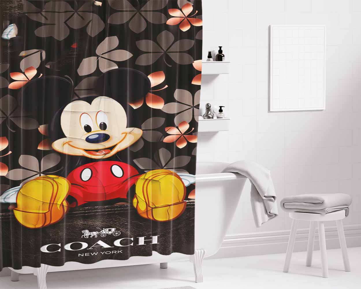 Mickey Mouse Coach Black Flowers Bathroom Shower Curtain Fabric Waterproof | 66 X 72 Inch