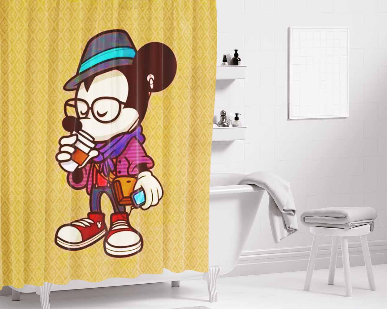 Mickey Mouse Coffee Bathroom Shower Curtain Fabric Waterproof | 66 X 72 Inch