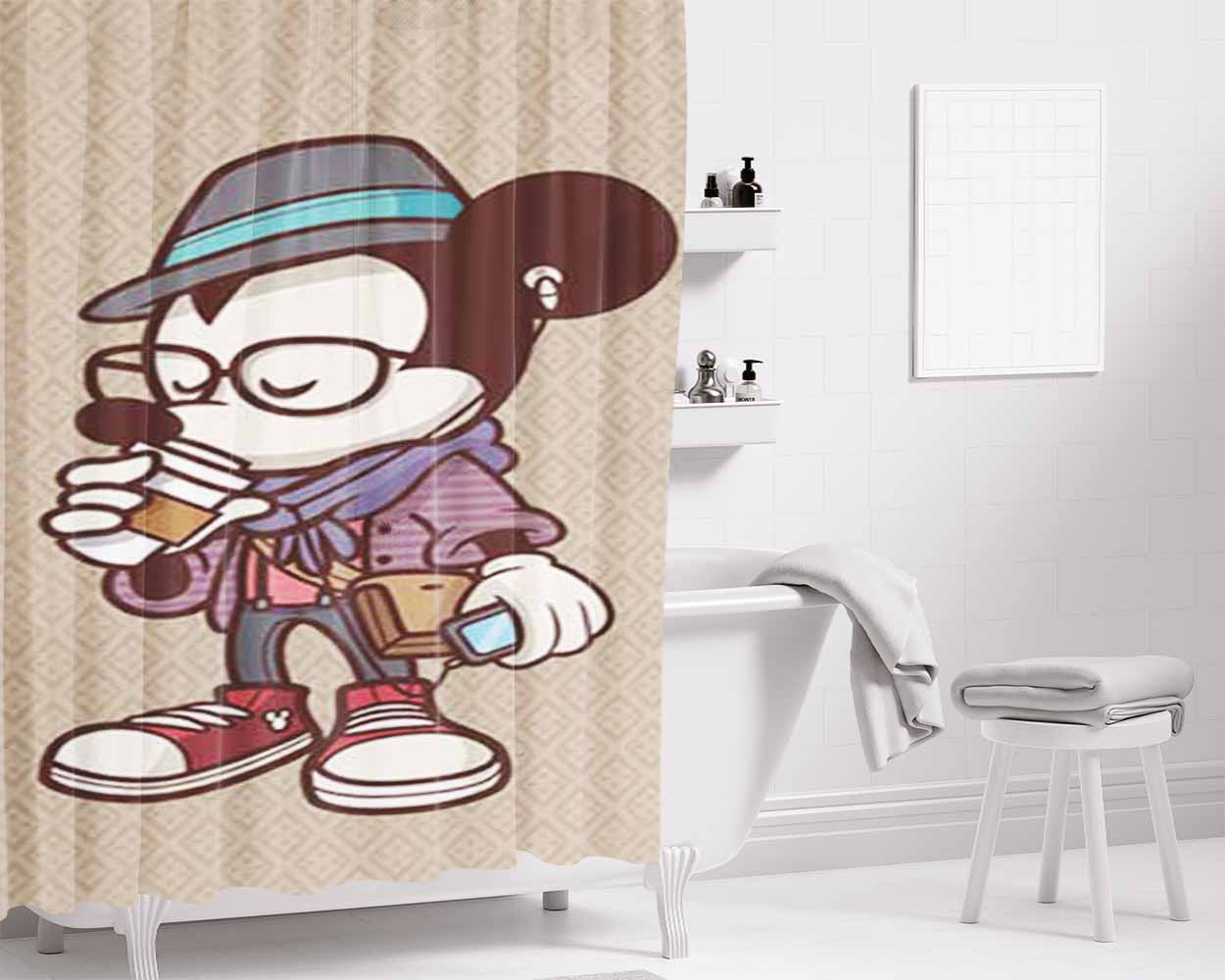 Mickey Mouse Hipster Coffee Bathroom Shower Curtain Fabric Waterproof | 66 X 72 Inch