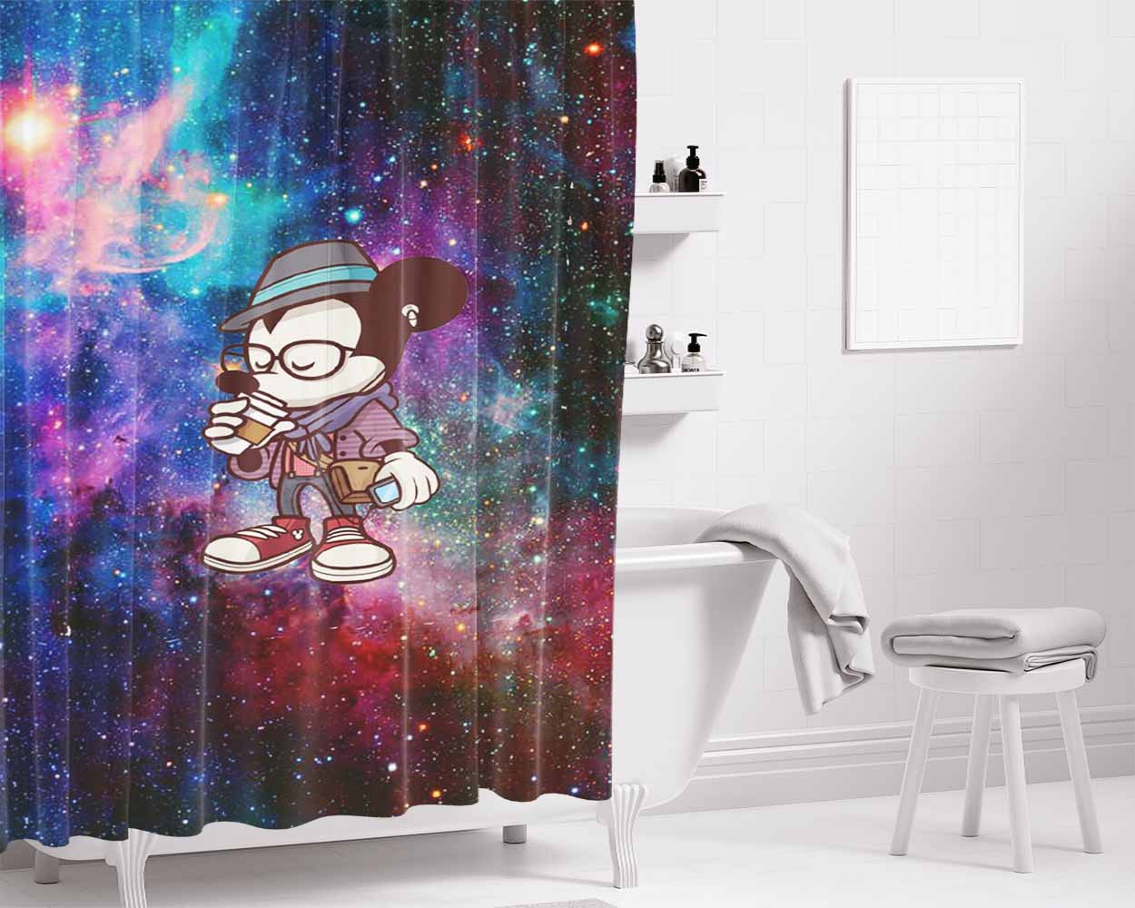 Mickey Mouse Hipster Galaxy Bathroom Shower Curtain Fabric Waterproof | 66 X 72 Inch
