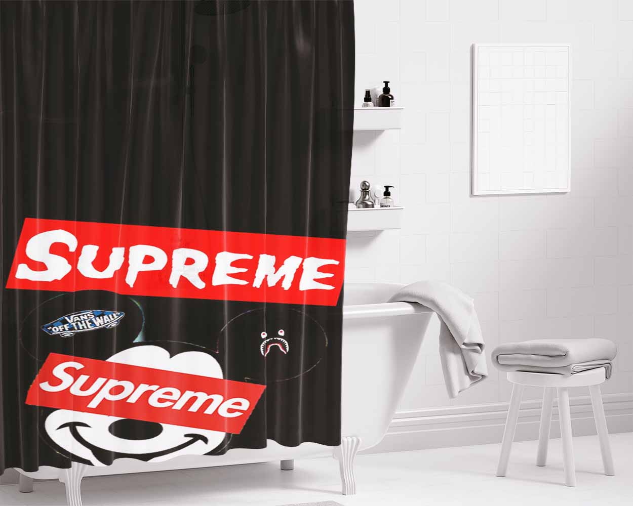 Mickey Mouse Hypebeast Supreme Bathroom Shower Curtain Fabric Waterproof | 66 X 72 Inch