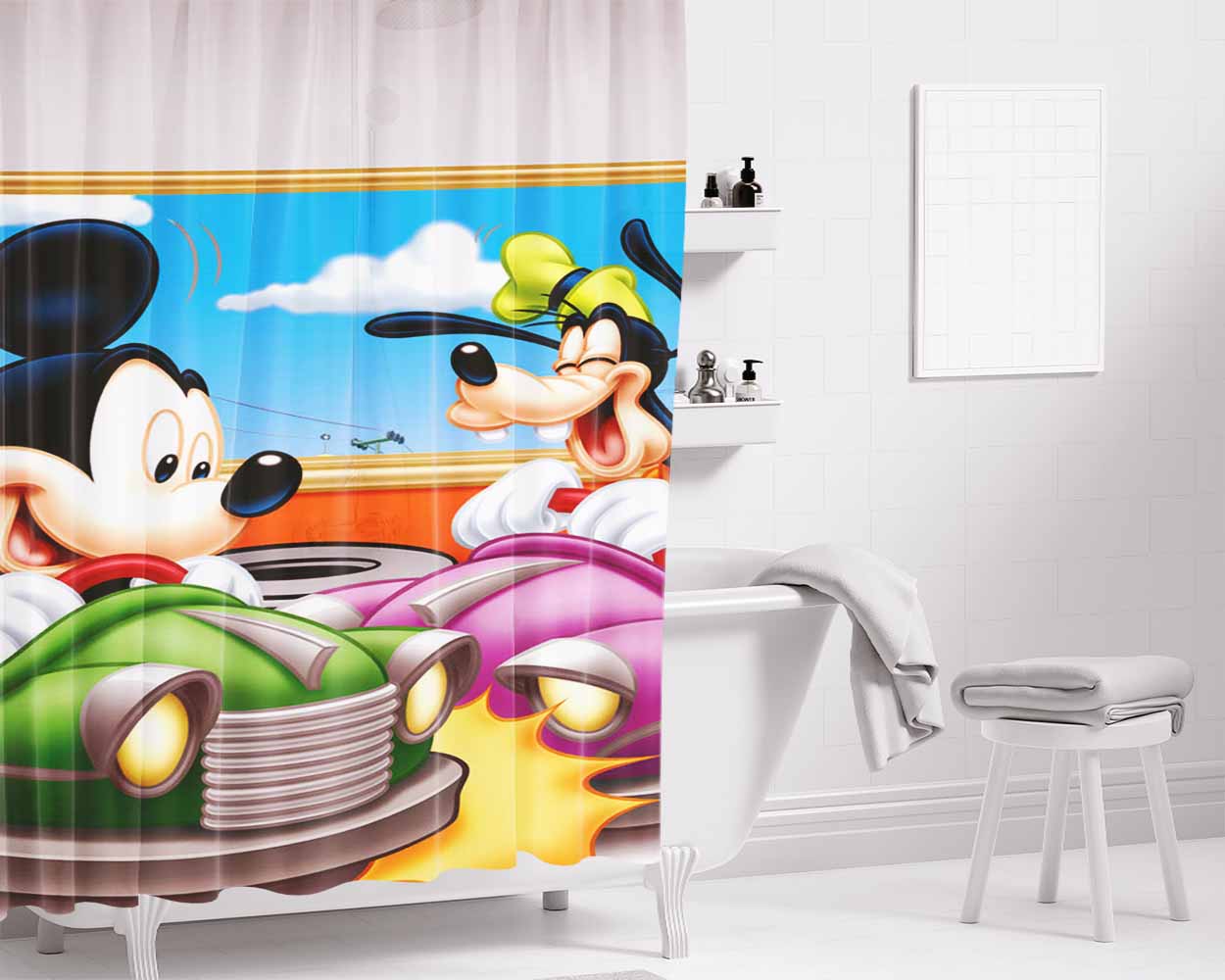 Mickey Mouse In Amusement Park Bathroom Shower Curtain Fabric Waterproof | 66 X 72 Inch