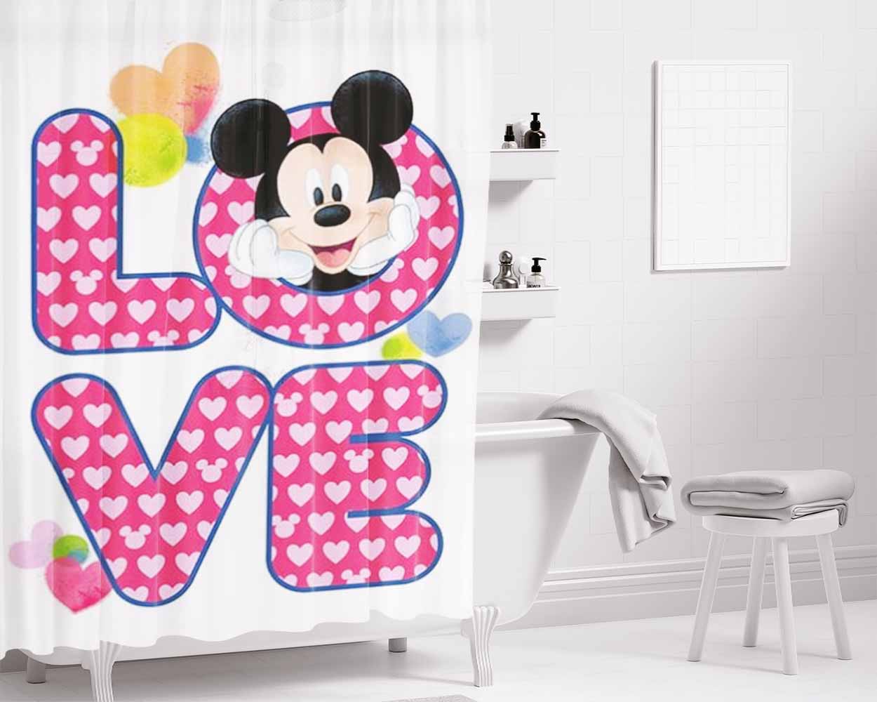 Mickey Mouse Love Bathroom Shower Curtain Fabric Waterproof | 66 X 72 Inch
