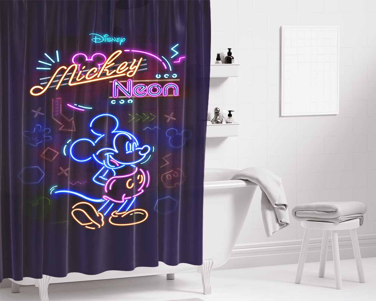 Mickey Mouse Neon Wallpaper Bathroom Shower Curtain Fabric Waterproof | 66 X 72 Inch