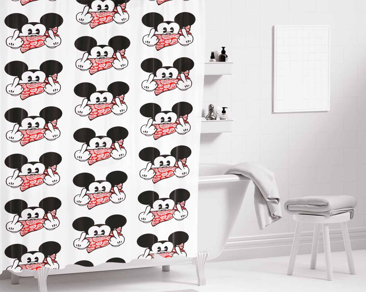 Mickey Mouse Obey Pattern Bathroom Shower Curtain Fabric Waterproof | 66 X 72 Inch