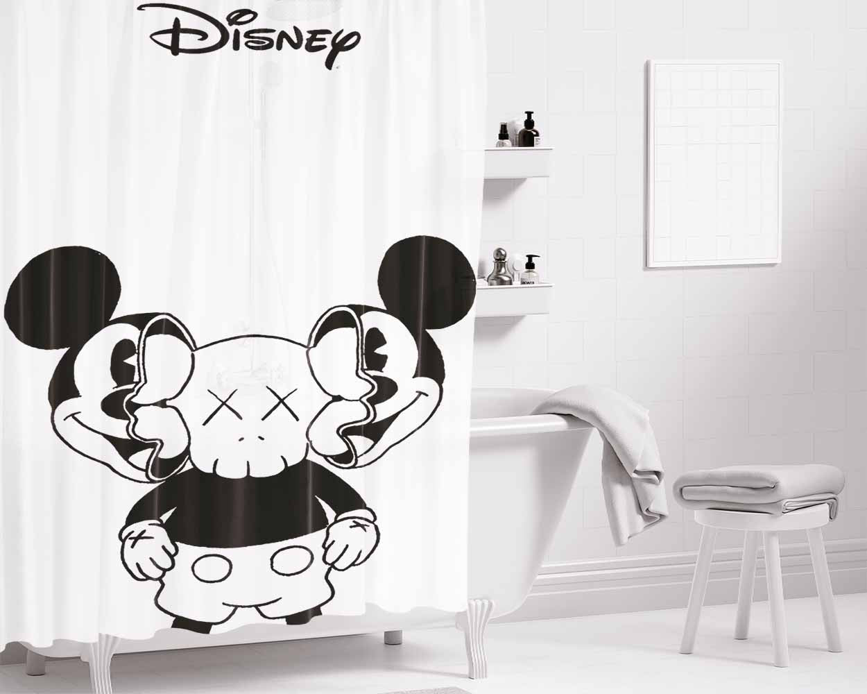 Mickey Mouse X Kaws Siluet Bw Bathroom Shower Curtain Fabric Waterproof | 66 X 72 Inch