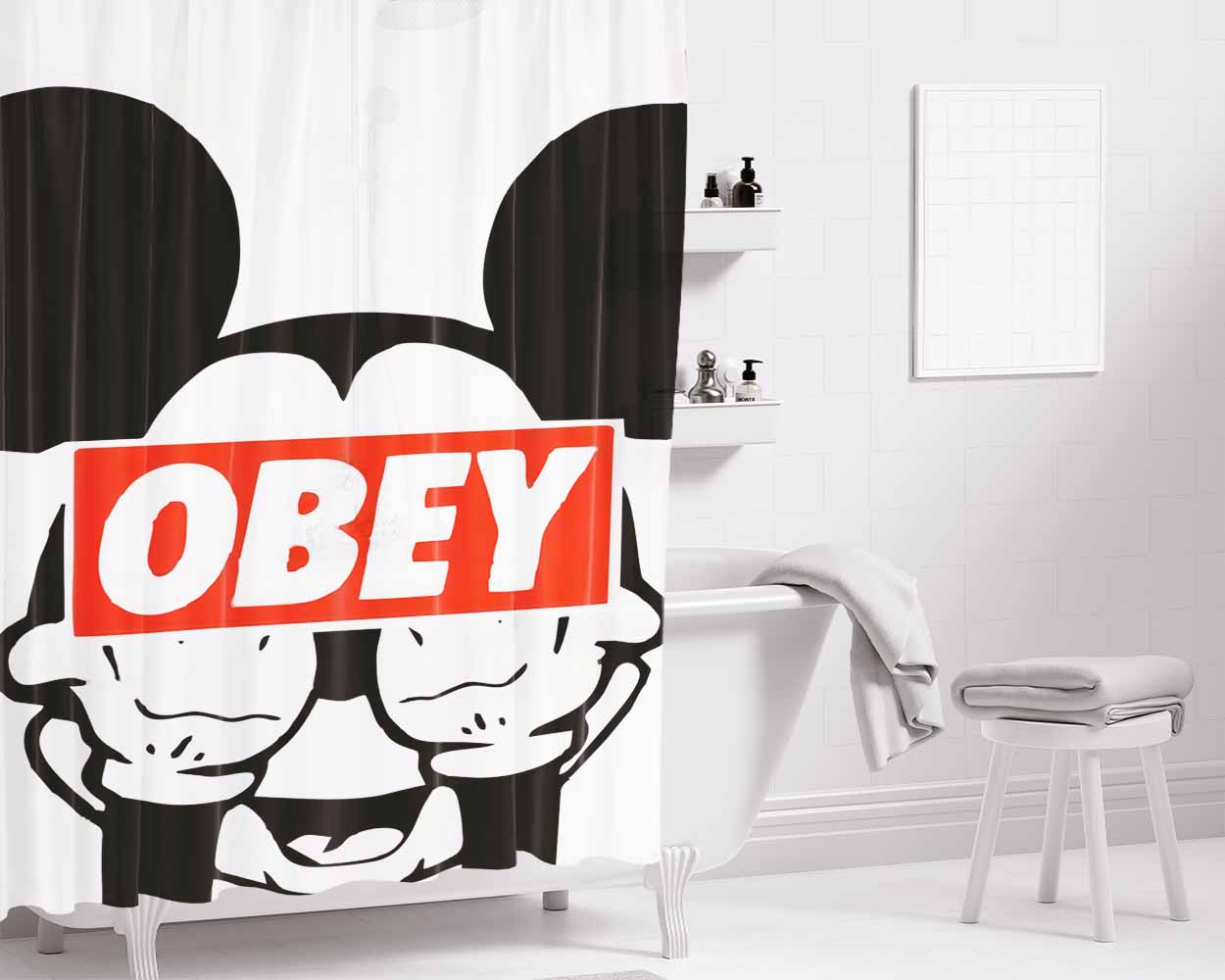 Mickey Obey Style Bathroom Shower Curtain Fabric Waterproof | 66 X 72 Inch