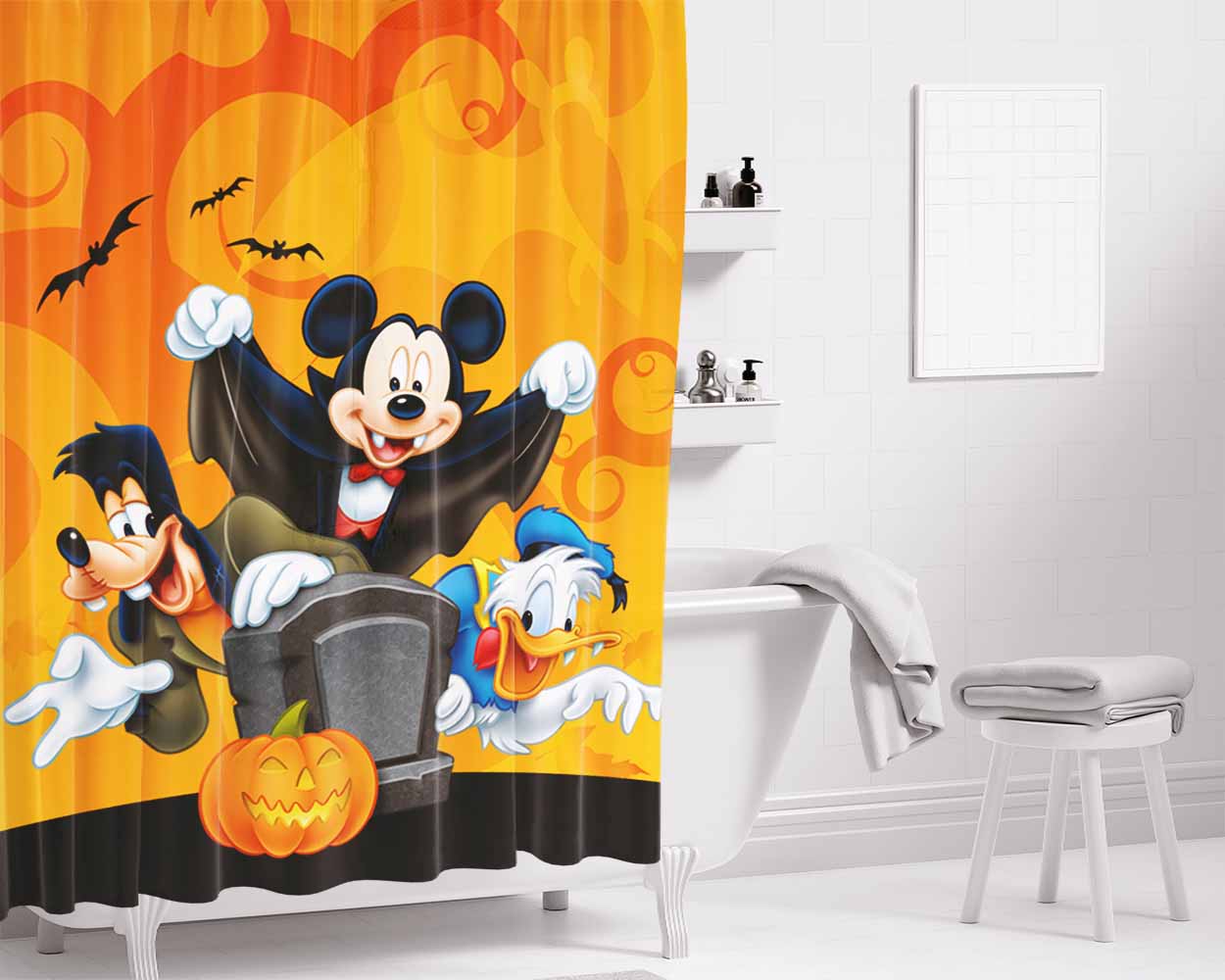 Mickey X Goofy X Duck Halloween Bathroom Shower Curtain Fabric Waterproof | 66 X 72 Inch