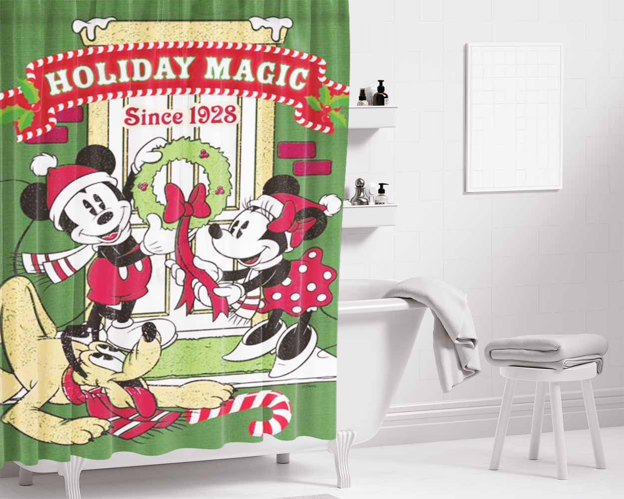 Mickey, Minnie, Pluto Holiday Magic Bathroom Shower Curtain Fabric Waterproof | 66 X 72 Inch