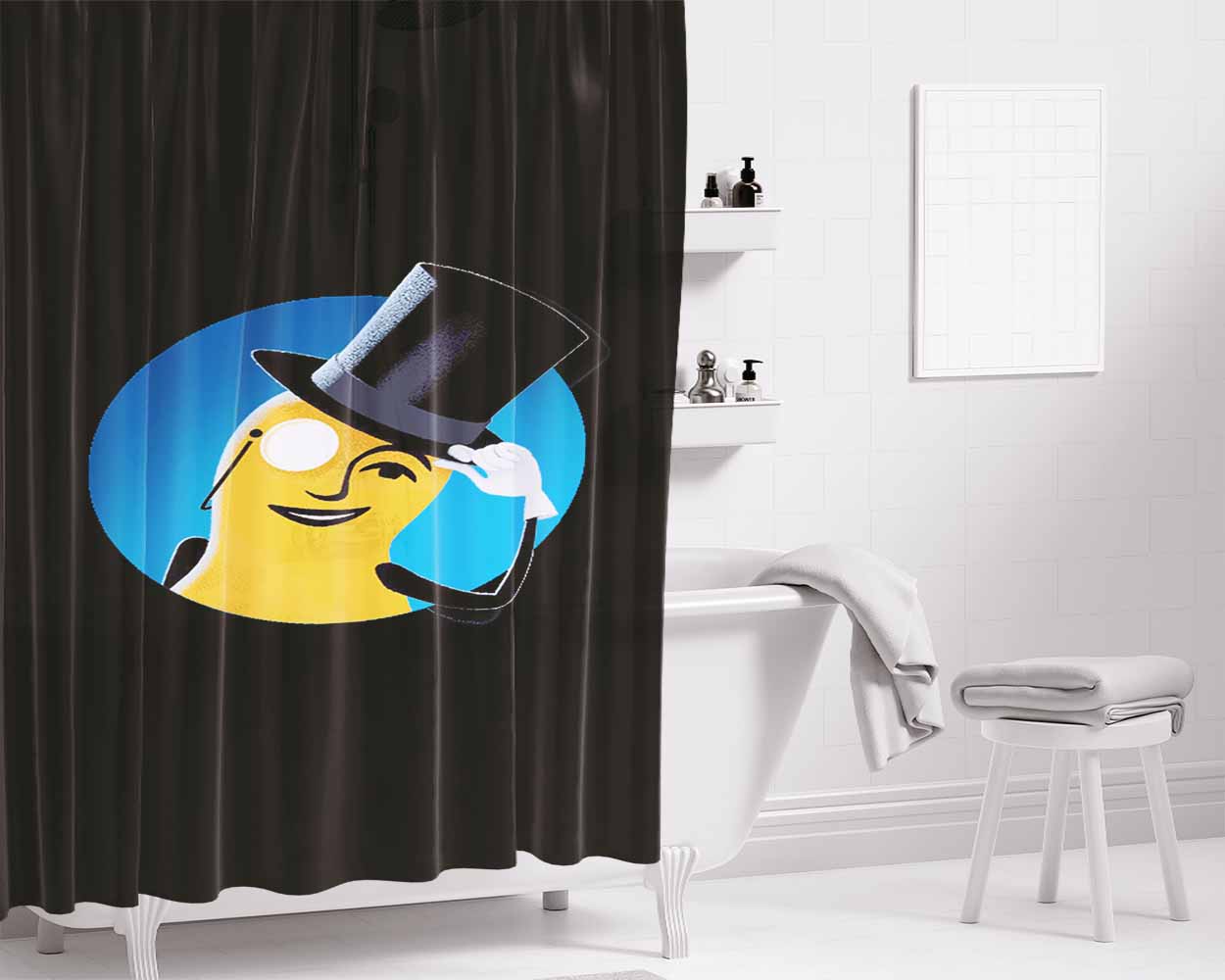 Mr Peanuts Cartoon On Black Bathroom Shower Curtain Fabric Waterproof | 66 X 72 Inch