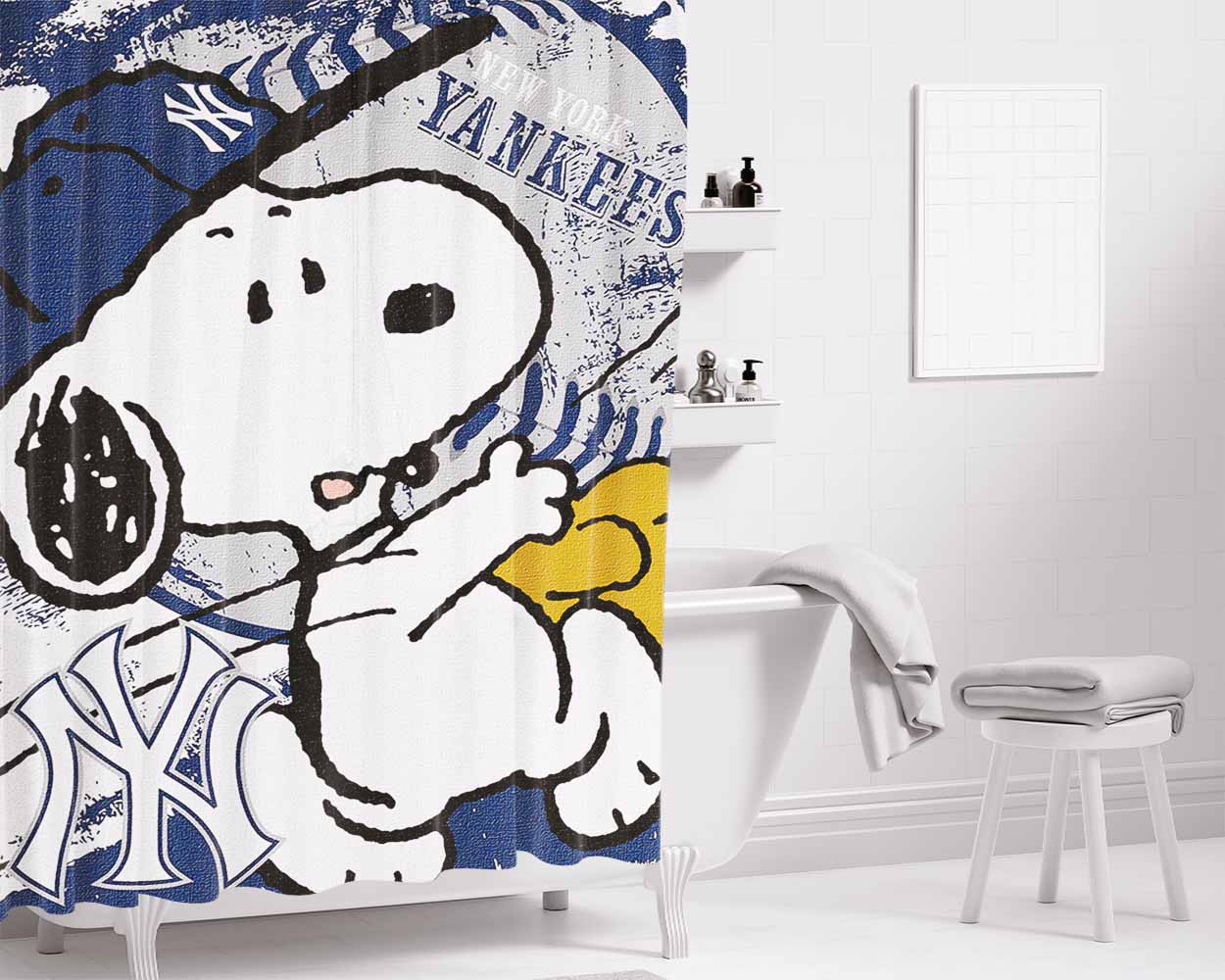 New York Yankees Snoopy Bathroom Shower Curtain Fabric Waterproof | 66 X 72 Inch