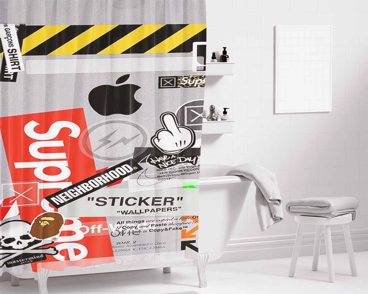 Off White Supreme Bathroom Shower Curtain Fabric Waterproof | 66 X 72 Inch