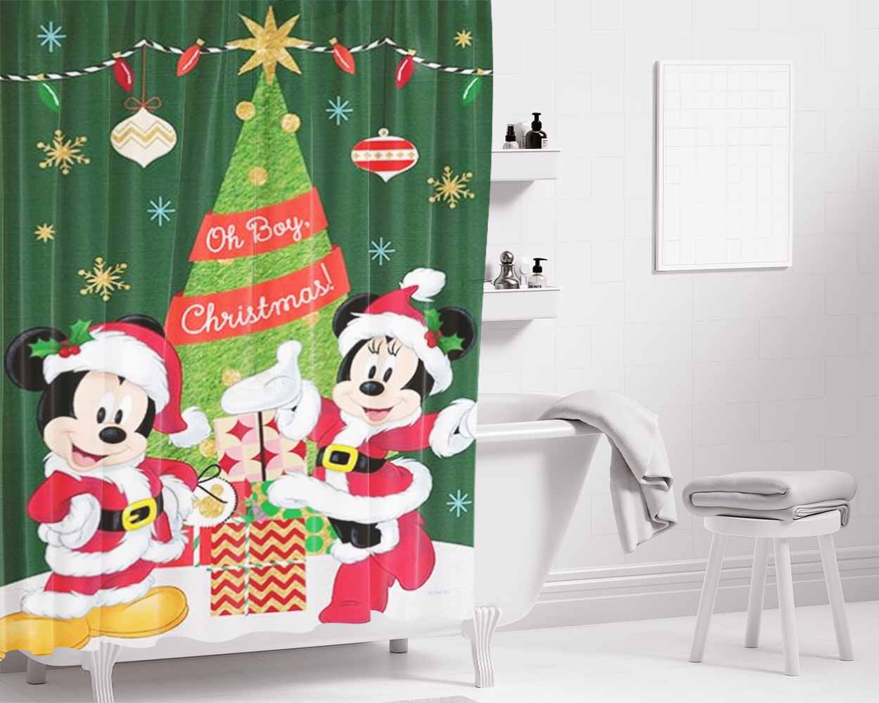 Oh Boy Christmas Mickey And Minnie Bathroom Shower Curtain Fabric Waterproof | 66 X 72 Inch