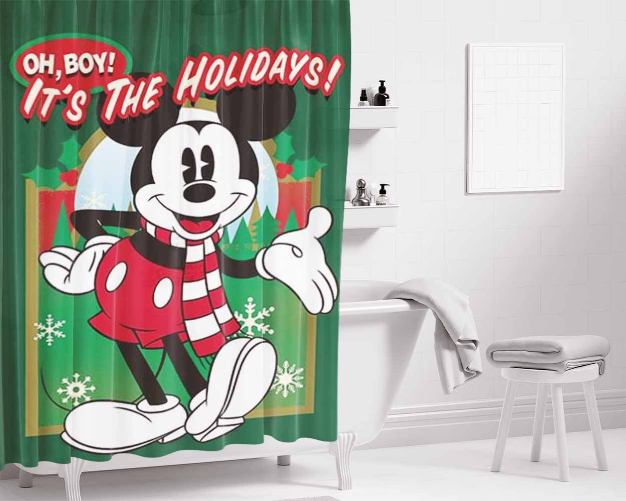 Oh Boy, It’S The Holidays Mickey Bathroom Shower Curtain Fabric Waterproof | 66 X 72 Inch