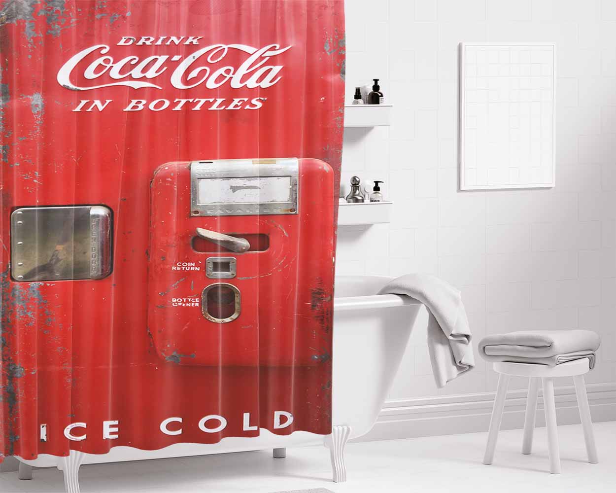 Old Coca Cola Ice Cold Vending Machine Bathroom Shower Curtain Fabric Waterproof | 66 X 72 Inch