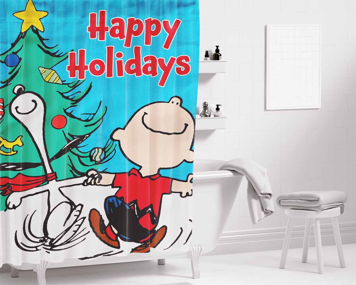 Peanuts Christmas Snoopy And Charlie Brown Bathroom Shower Curtain Fabric Waterproof | 66 X 72 Inch