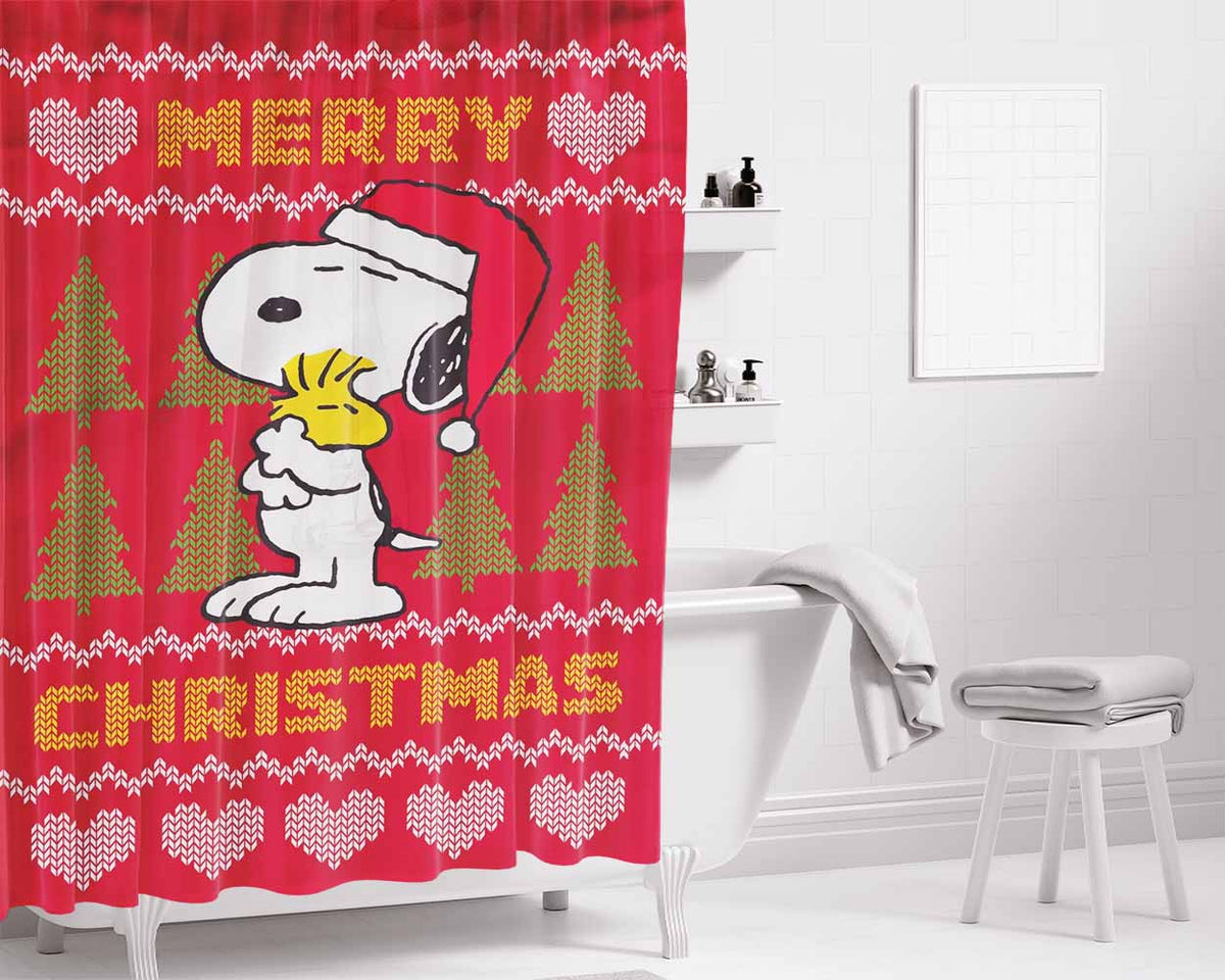Peanuts Christmas Snoopy Bathroom Shower Curtain Fabric Waterproof | 66 X 72 Inch