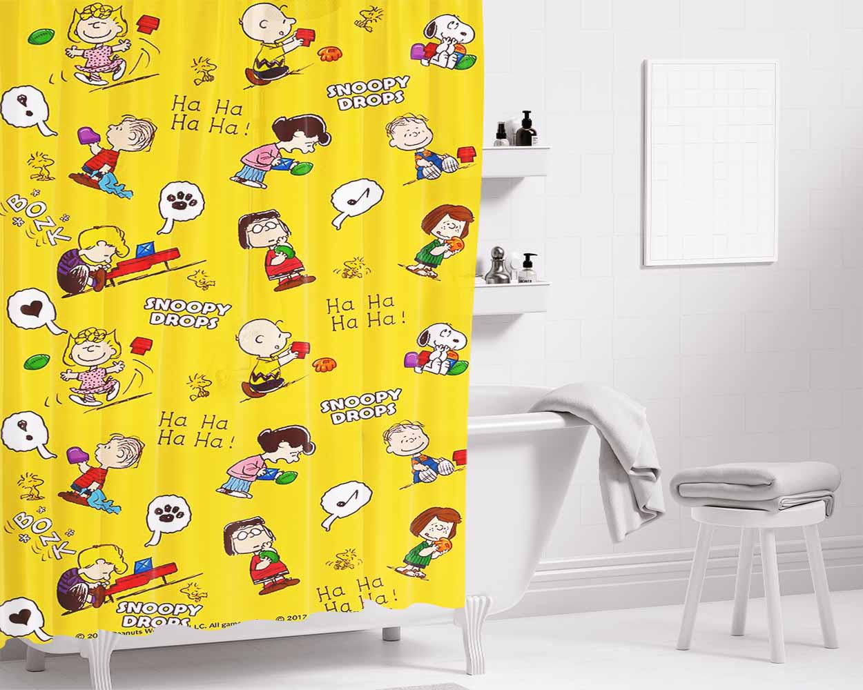 Peanuts Movie Worldwide Doodle Character Bathroom Shower Curtain Fabric Waterproof | 66 X 72 Inch