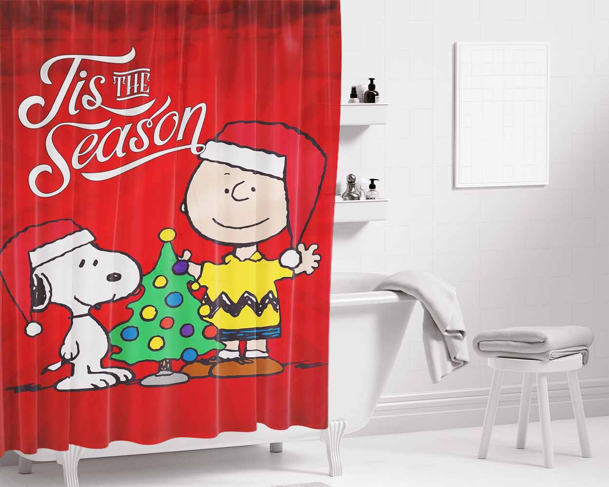 Peanuts Snoopy And Charlie Brown Christmas Bathroom Shower Curtain Fabric Waterproof | 66 X 72 Inch
