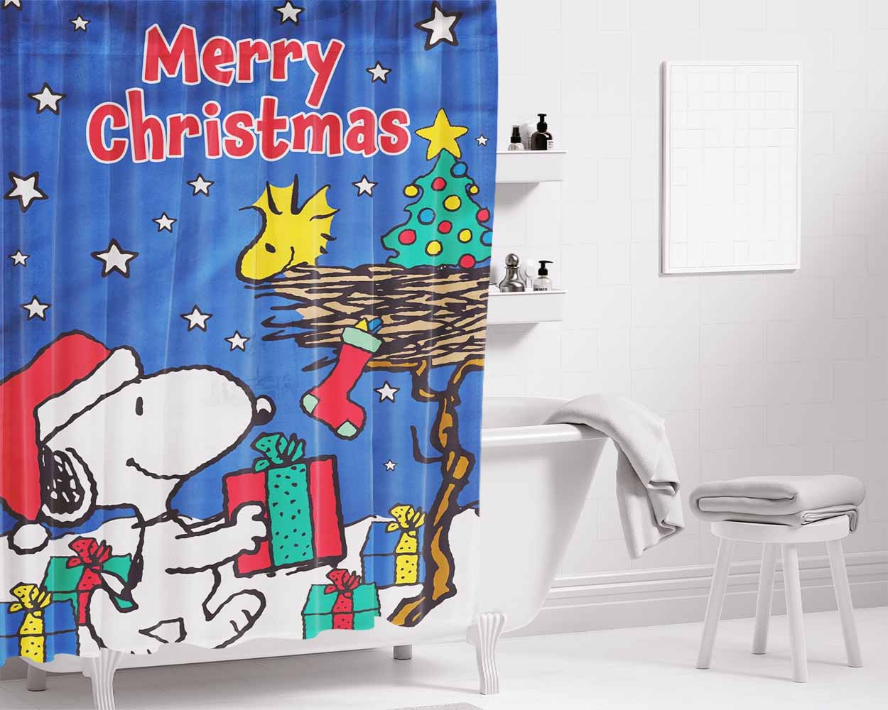 Peanuts Snoopy And Woodstock Christmas 2 Bathroom Shower Curtain Fabric Waterproof | 66 X 72 Inch