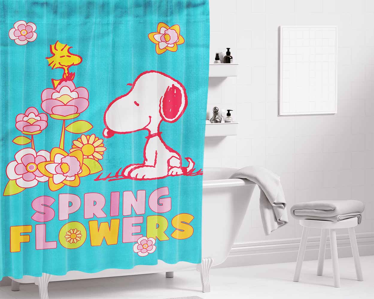 Peanuts Spring Flowers Bathroom Shower Curtain Fabric Waterproof | 66 X 72 Inch