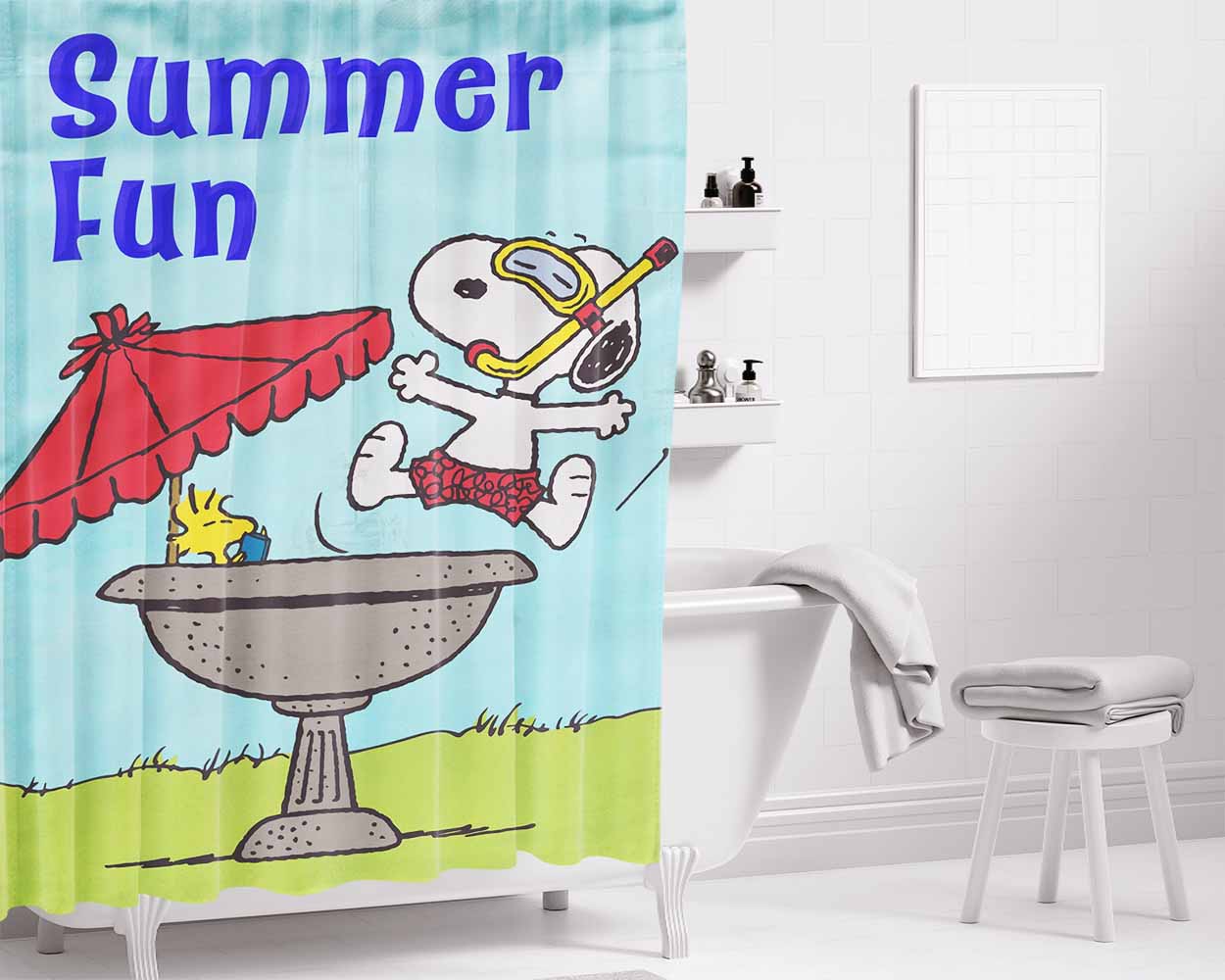 Peanuts Summer Fun Snoopy & Woodstock Bathroom Shower Curtain Fabric Waterproof | 66 X 72 Inch