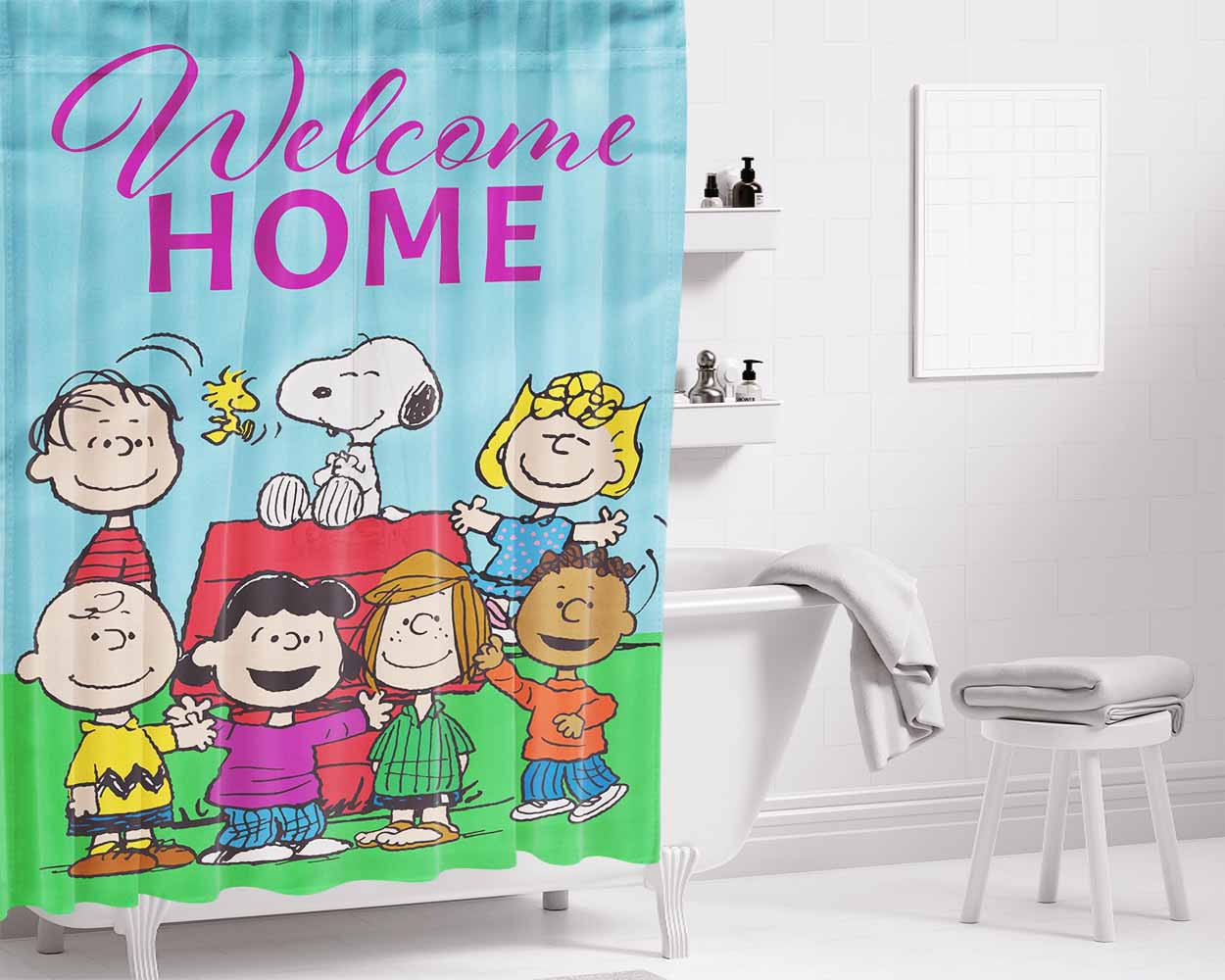 Peanuts Welcome Home Bathroom Shower Curtain Fabric Waterproof | 66 X 72 Inch