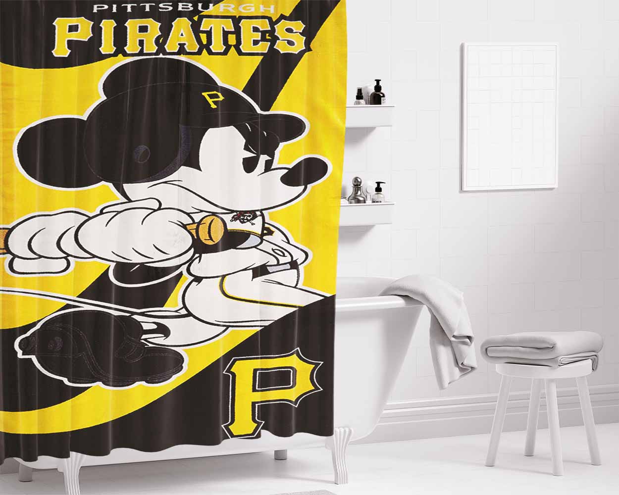 Pittsburgh Pirates Disney Mickey Mouse Mlb Bathroom Shower Curtain Fabric Waterproof | 66 X 72 Inch