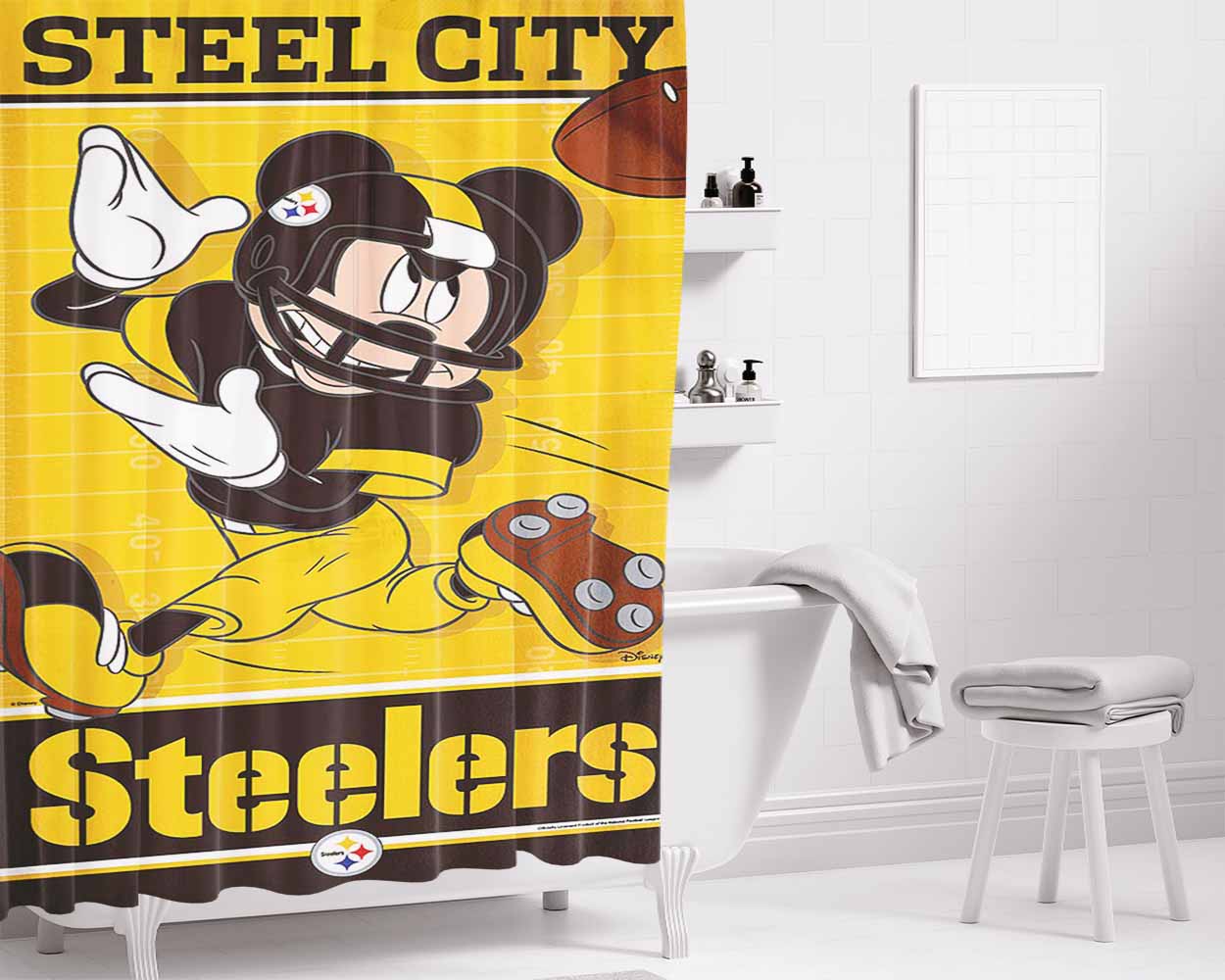 Pittsburgh Steelers Disney Mickey Mouse Nfl Bathroom Shower Curtain Fabric Waterproof | 66 X 72 Inch