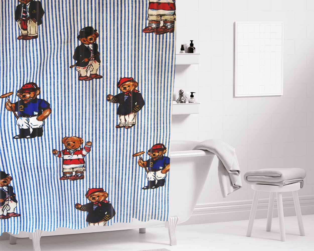 Polo Bear Linen Blue White Collection Bathroom Shower Curtain Fabric Waterproof | 66 X 72 Inch