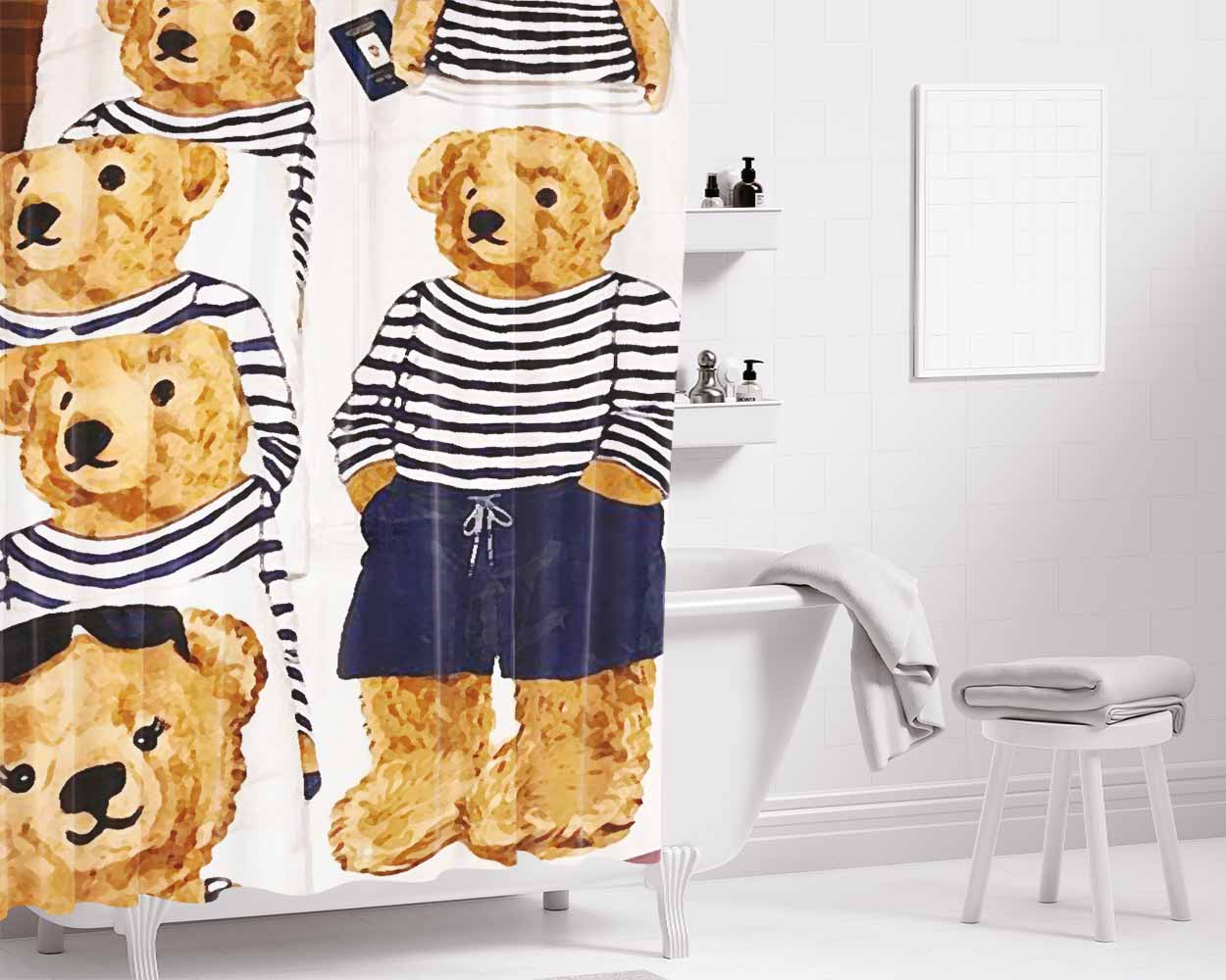 Polo Bear Pattern Blue White Stripe Bathroom Shower Curtain Fabric Waterproof | 66 X 72 Inch