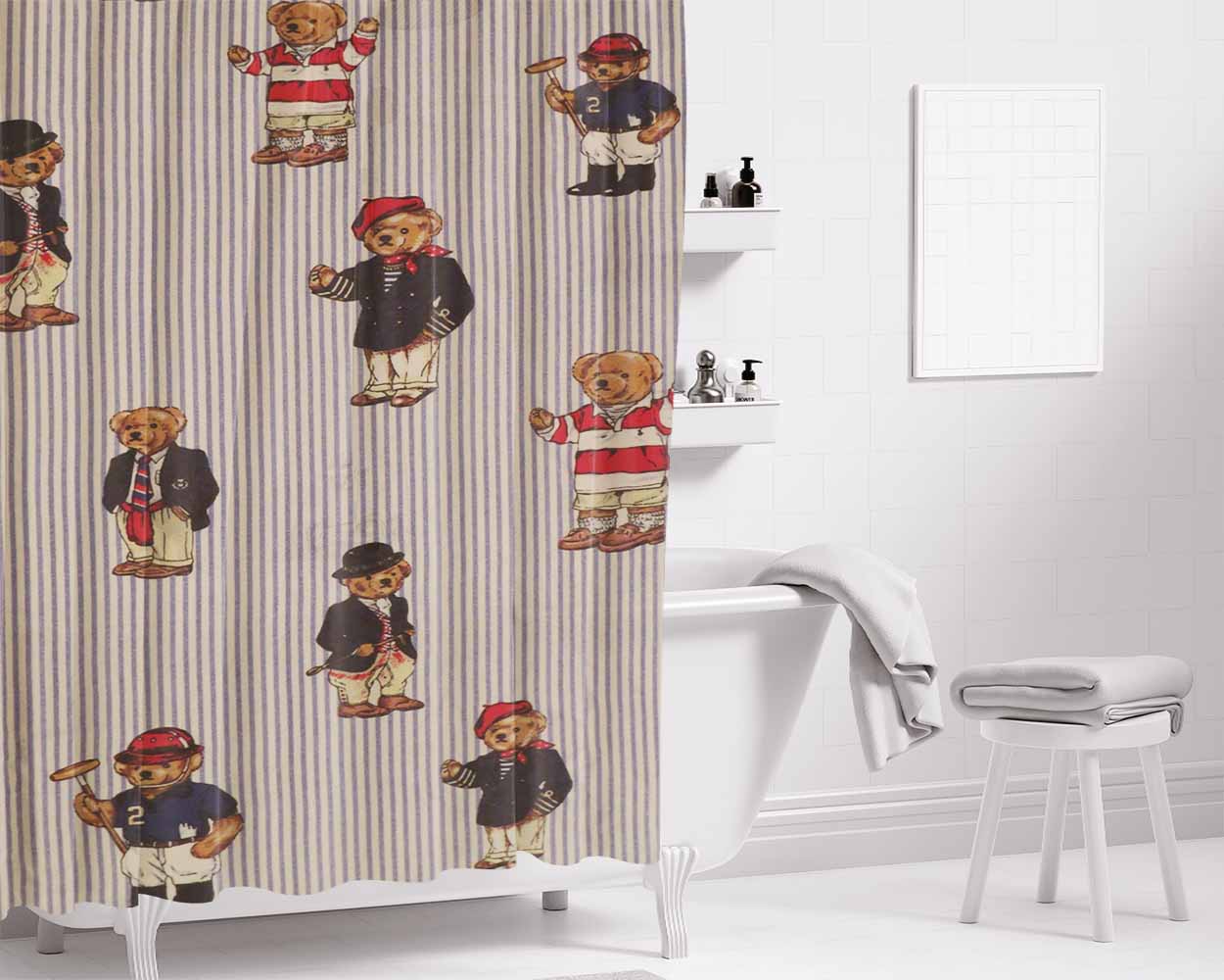 Polo Bear Pattern Suit Bathroom Shower Curtain Fabric Waterproof | 66 X 72 Inch