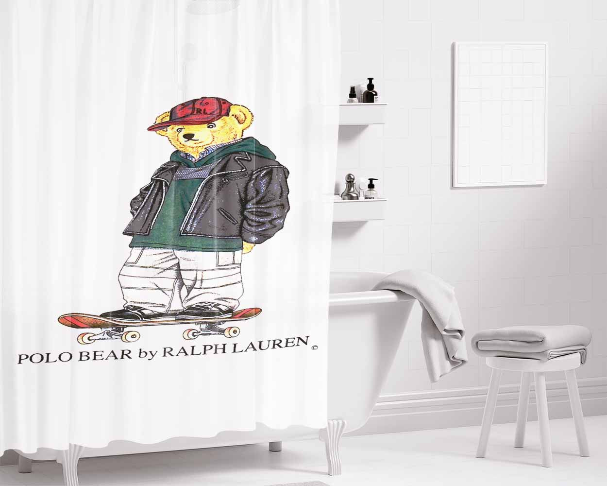 Polo Bear Skateboard Snowboard Bathroom Shower Curtain Fabric Waterproof | 66 X 72 Inch