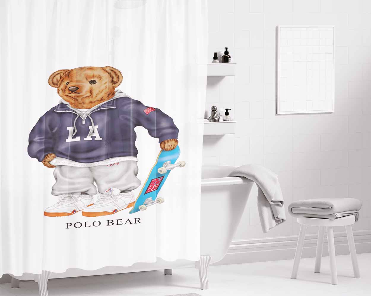 Polo Bear Skateboarding Bathroom Shower Curtain Fabric Waterproof | 66 X 72 Inch