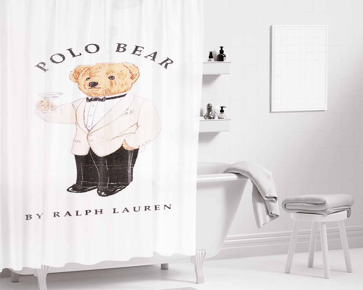 Polo Bear White Suit Tuxedo Bathroom Shower Curtain Fabric Waterproof | 66 X 72 Inch