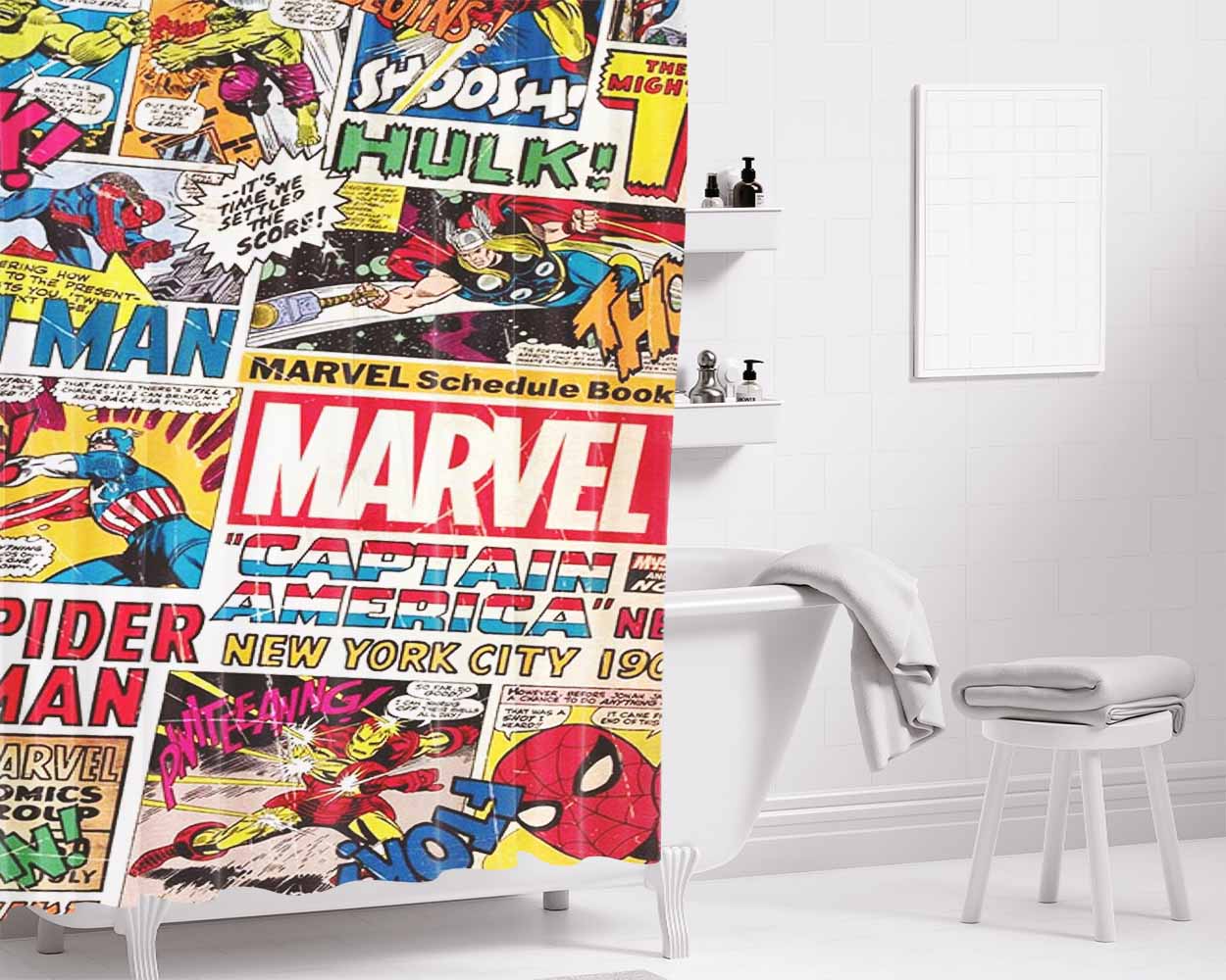 Pop Art Marvel Comic Bathroom Shower Curtain Fabric Waterproof | 66 X 72 Inch