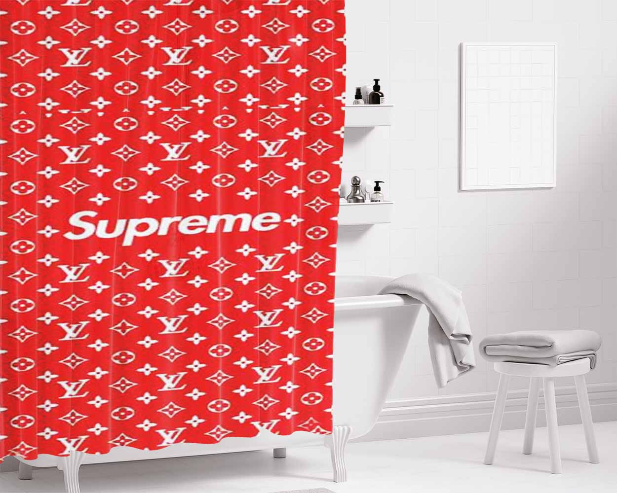 Red Louis Vuitton Supreme Bathroom Shower Curtain Fabric Waterproof | 66 X 72 Inch