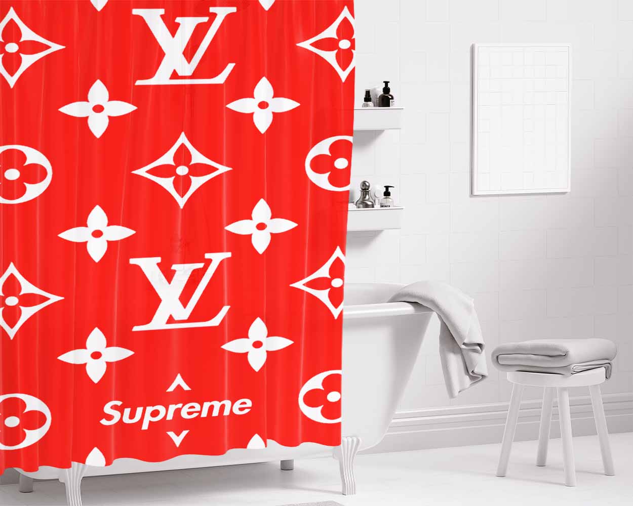 Red Supreme Luois Vuitton Bathroom Shower Curtain Fabric Waterproof | 66 X 72 Inch