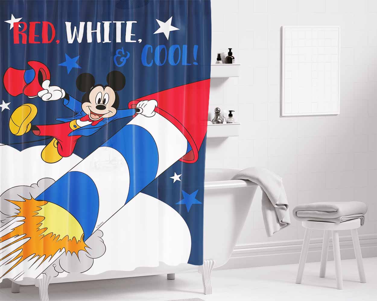 Red, White & Cool Mickey Bathroom Shower Curtain Fabric Waterproof | 66 X 72 Inch