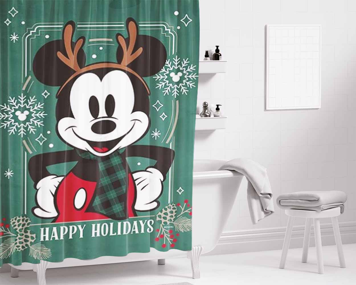 Reindeer Holiday Mickey Bathroom Shower Curtain Fabric Waterproof | 66 X 72 Inch