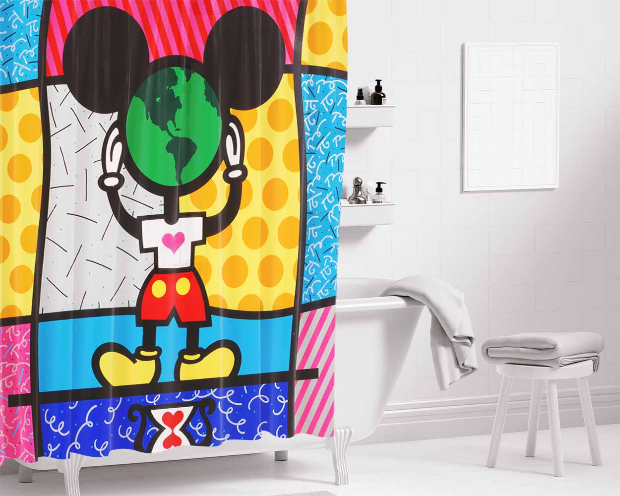 Romero Britto Mickeys World Wallpaper Bathroom Shower Curtain Fabric Waterproof | 66 X 72 Inch