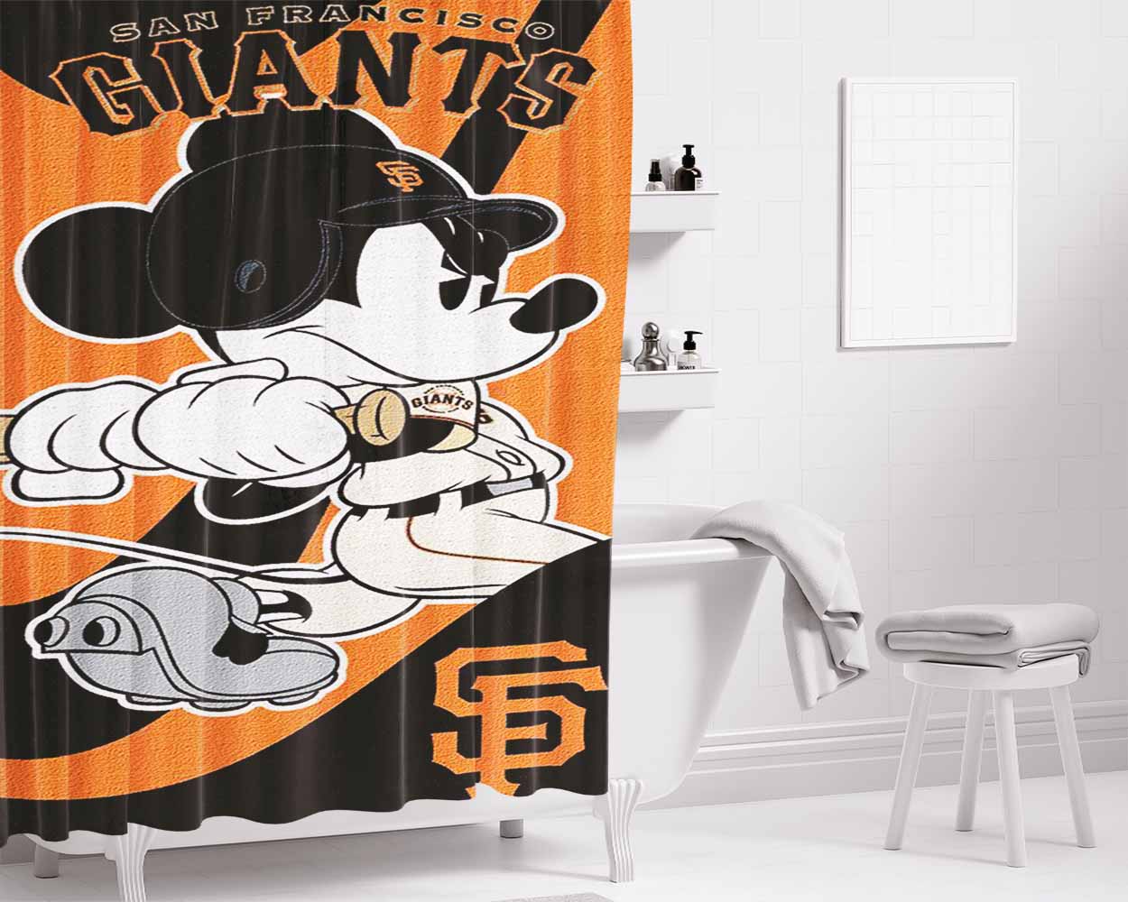 San Francisco Giants Disney Mickey Mouse Mlb Bathroom Shower Curtain Fabric Waterproof | 66 X 72 Inch