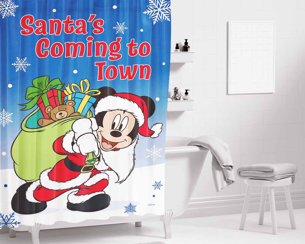 Santa Mickey’S Coming To Town Bathroom Shower Curtain Fabric Waterproof | 66 X 72 Inch