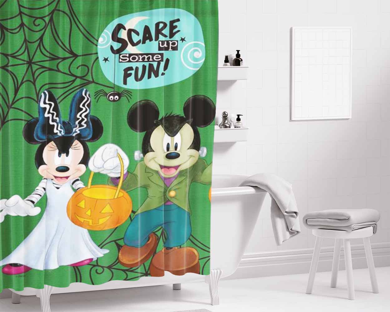 Scare Up Fun Mickey & Minnie Bathroom Shower Curtain Fabric Waterproof | 66 X 72 Inch