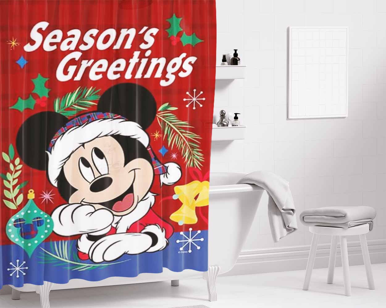 Season’S Greetings Mickey Bathroom Shower Curtain Fabric Waterproof | 66 X 72 Inch
