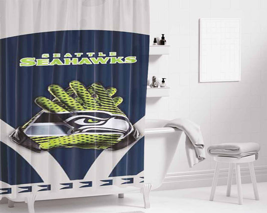 Seattle Seahawks Gloves Blue Grey Bathroom Shower Curtain Fabric Waterproof | 66 X 72 Inch