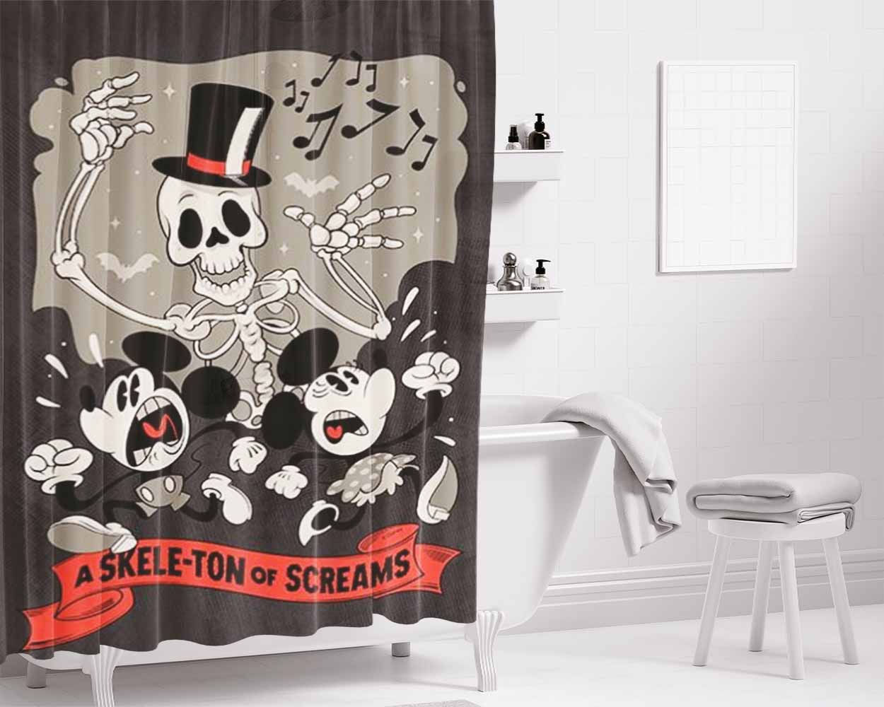 Skeleton Of Screams Mickey & Minnie Bathroom Shower Curtain Fabric Waterproof | 66 X 72 Inch
