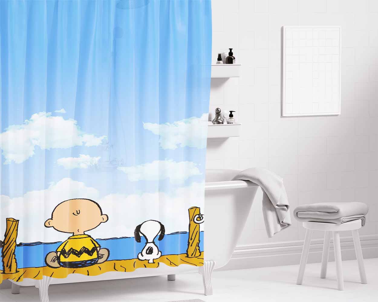 Snoopy And Charlie Brown Christmas Lights Apple Bathroom Shower Curtain Fabric Waterproof | 66 X 72 Inch